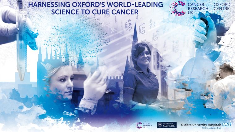 Composite image in blues and purples of the Oxford skyline and researchers working in laboratories and healthcare, overlaid with the text ‘harnessing Oxford’s world-leading science to cure cancer.