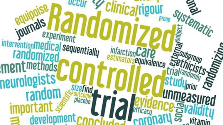 Word cloud in greens and blues, featuring words such as randomised, controlled, trials, unmeasured, validity, systematic, study, methods, random, medical, experiment, sequentially, infarction, care, equivalence, and subgroup.